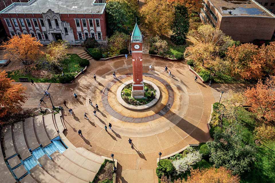 An aerial view of the Clock Tower on campus.