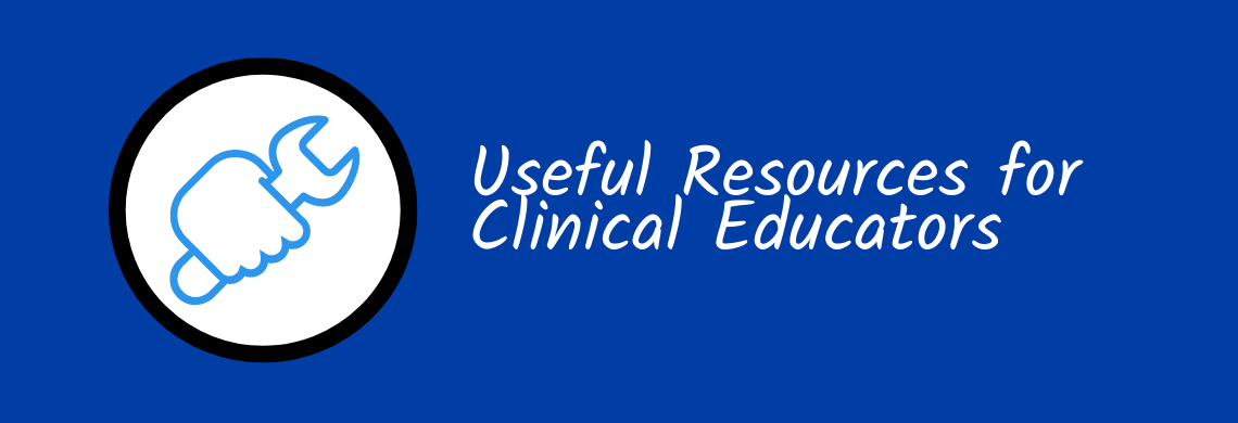 Image of a hand holding a wrech and a text treatment that says "Useful Resources for Clinician Educators"