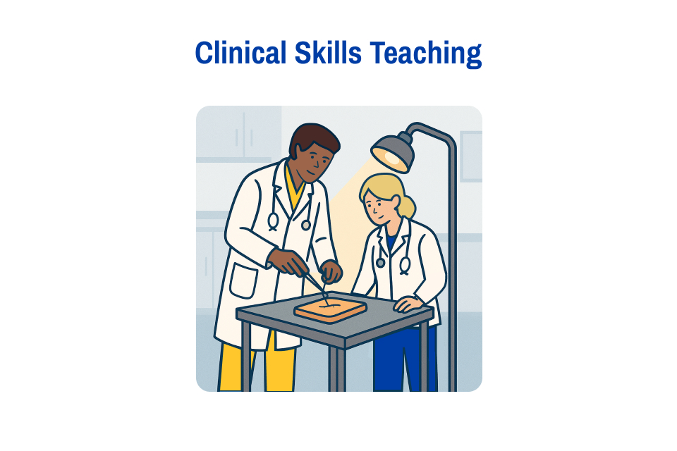 Image of an attending physician demonstrating suturing to a trainee in a clinical environment