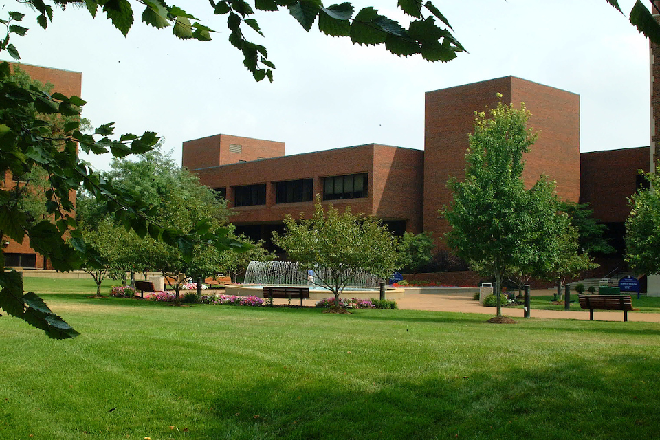 Exterior shot of a School of Medicine building with a fountain in front.