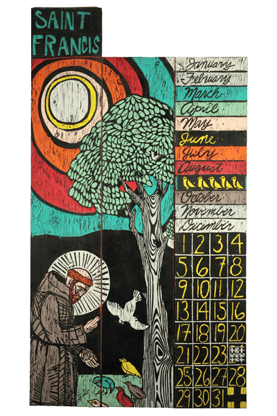 A work by Adrian Kellard titled St. Francis screen. A three-panel carved wood room screen quotes a fresco by Giotto of St. Francis of Assisi preaching to a flock of birds next to a tree under a sunny sky. The righthand panel has a calendar, with the months of the year listed vertically, and then a grid with the days of the month below.