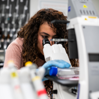 A student studies a sample under the microscope in a pain management lab